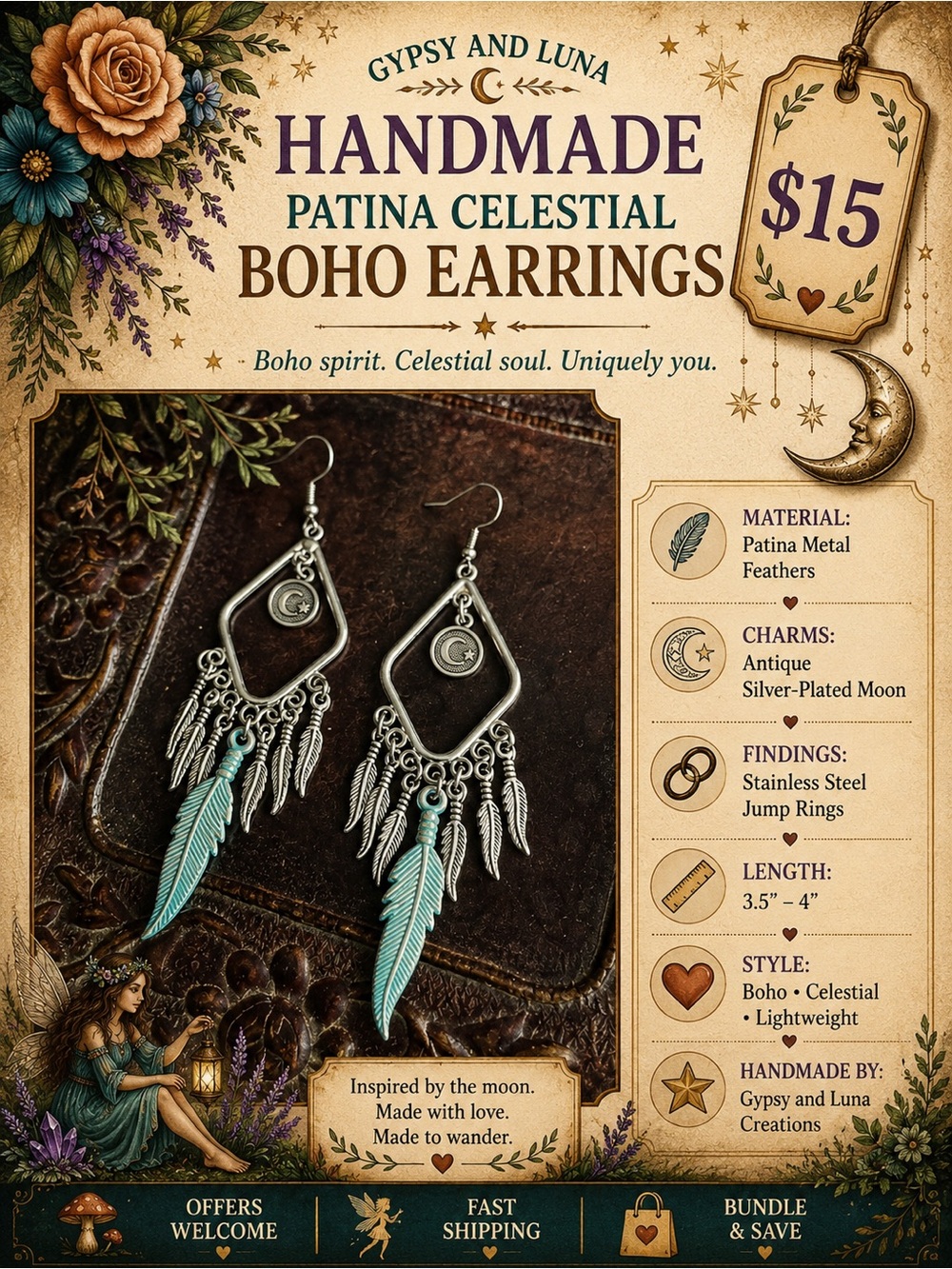Handmade Patina Celestial Boho Earrings